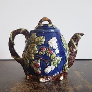 Vintage Wan Jiang Cobalt Majolica Ceramic Teapot Floral Eclectic Cottage Gift